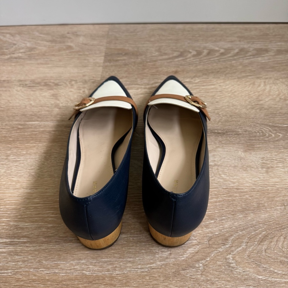 Cole Haan Navy, White & Brown Pointed Loafers with Gold Buckle - Picture 3 of 5